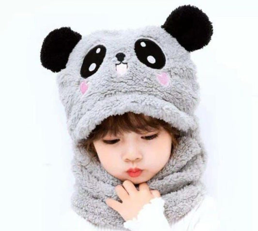 Beanie Wool Cap With Neck Warmer Attached. Kids Wool Cap Cartoon Panda Baby