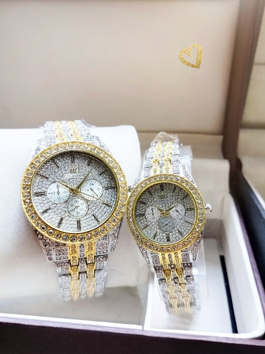 Couple Diamonds Stone Watch Stainless Steel Round Chain Analog Wrist Watch For Men & Women