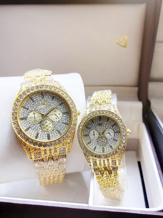 Couple Diamonds Stone Watch Stainless Steel Round Chain Analog Wrist Watch For Men & Women