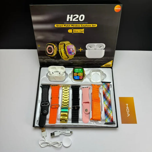 H20 Ultra Smartwatch 10 In 1 Ultra Smart Watch With ( 7 Straps + Silicone Case + Earbuds )